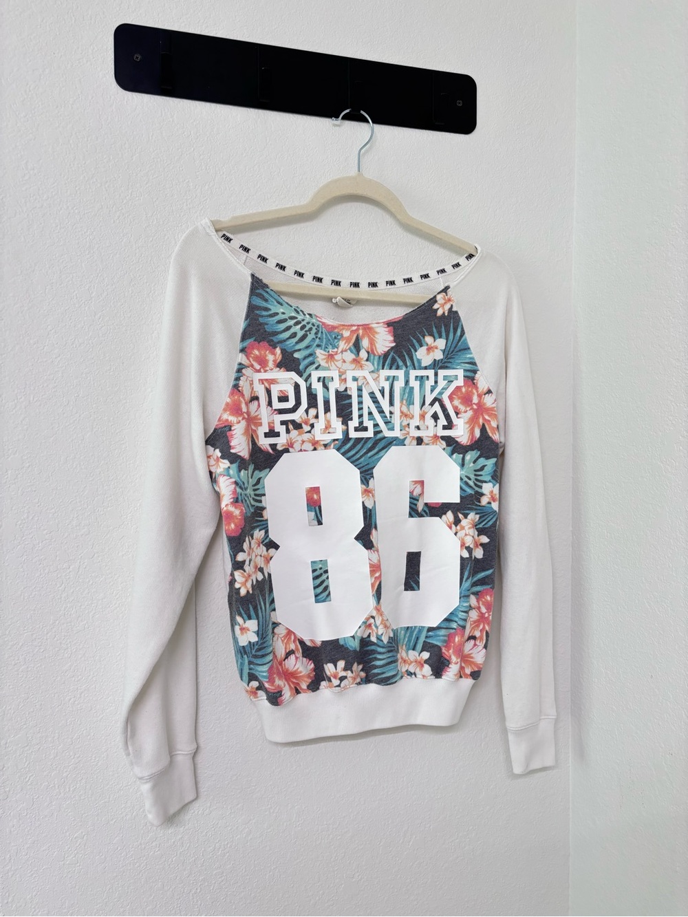 Victoria's Secret PINK Floral Raglan Crewneck Sweatshirt - White, Teal, Coral